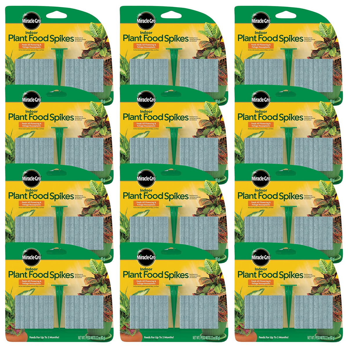 Miracle-Gro paquete frontal mostrando 12 paquetes y 48 espigas, conveniencia instantánea