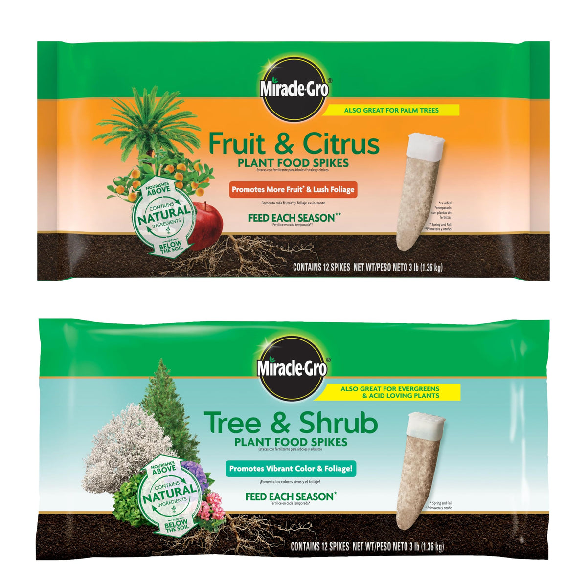 Miracle-Gro front packaging bundle showing both fruit & citrus and tree & shrub boxes for easy selection