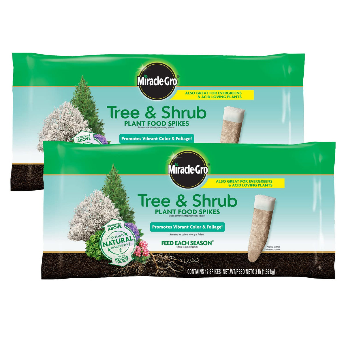 Miracle-Gro front packaging showing 12 tree and shrub spikes for easy feeding