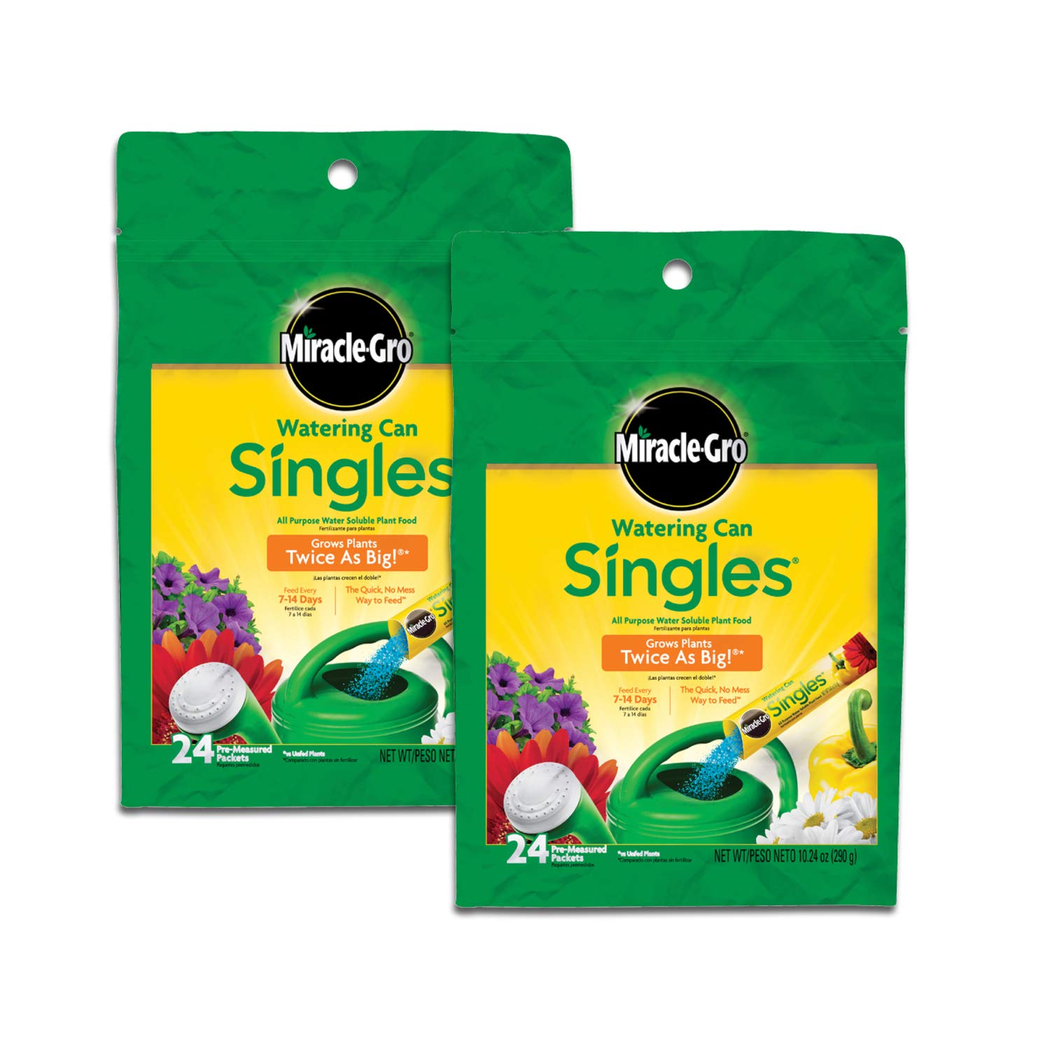 Miracle-Gro front packaging showing 24 single-use packets and convenience