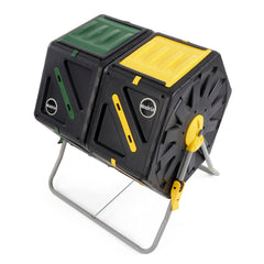 Miracle-Gro front view of dual-chamber tumbler showing compact footprint and continuous composting