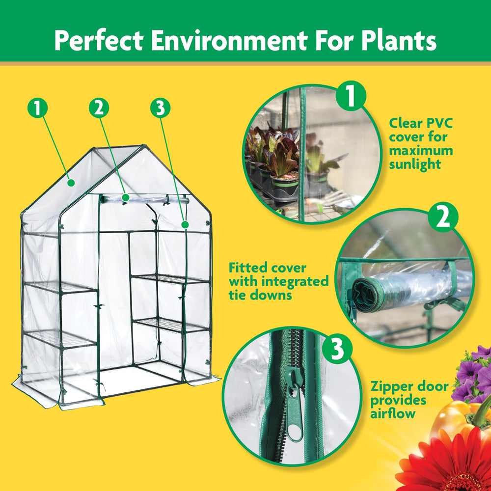 Miracle-Gro wire shelves loaded with pots maximizing growing area and organization