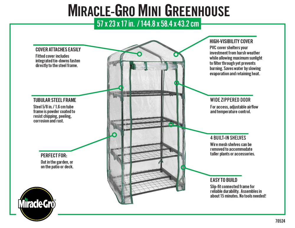 Miracle-Gro wire mesh shelves holding seed trays for organized plant propagation