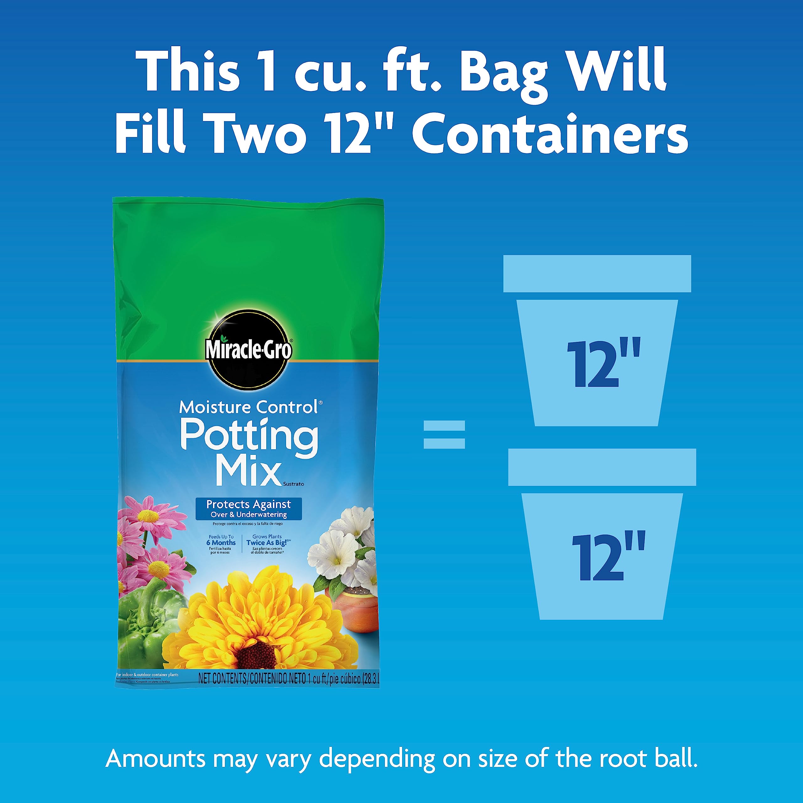 Miracle-Gro bag beside common pot to show bag size and scale benefits