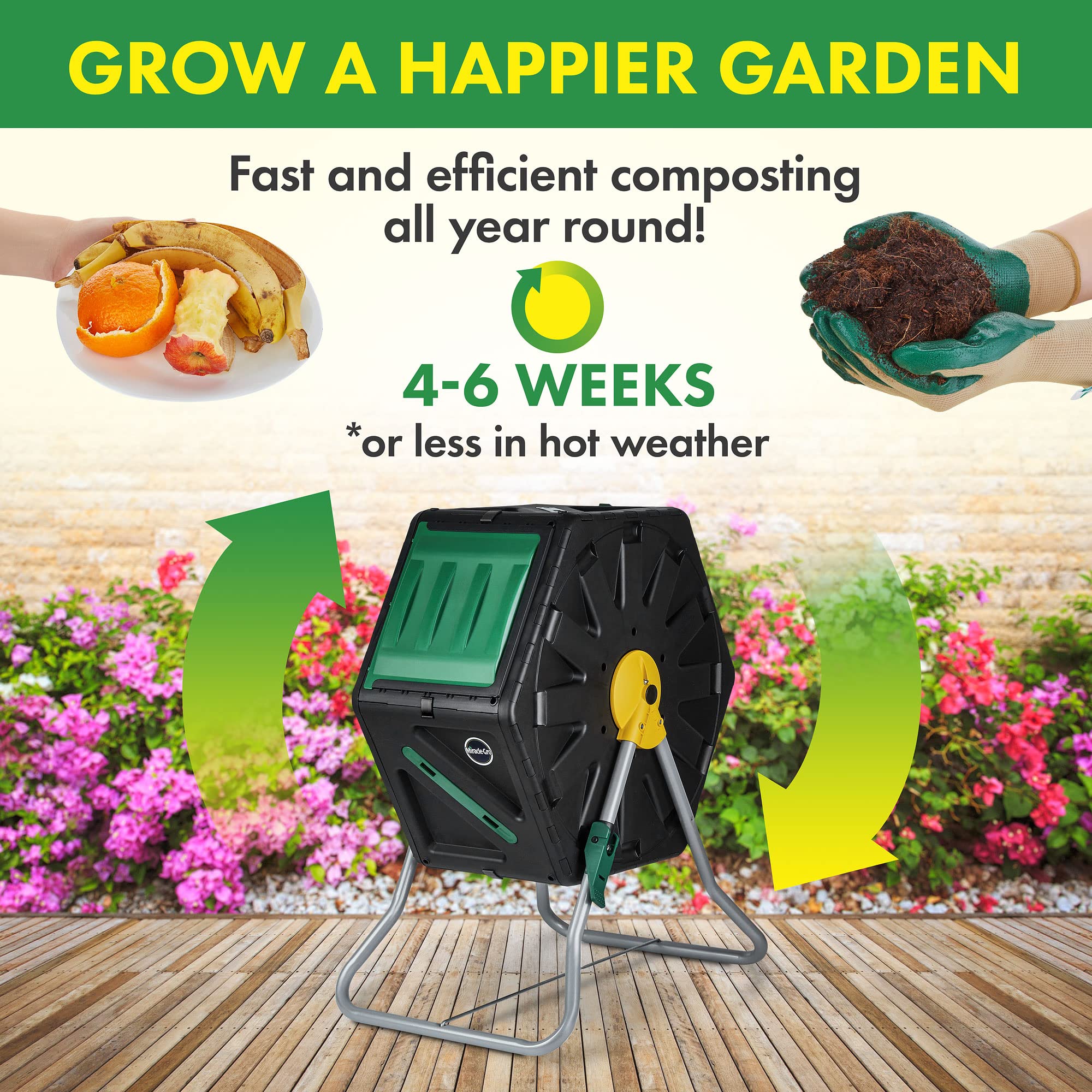 Miracle-Gro next to garden tools to show 18.5-gallon size and scale