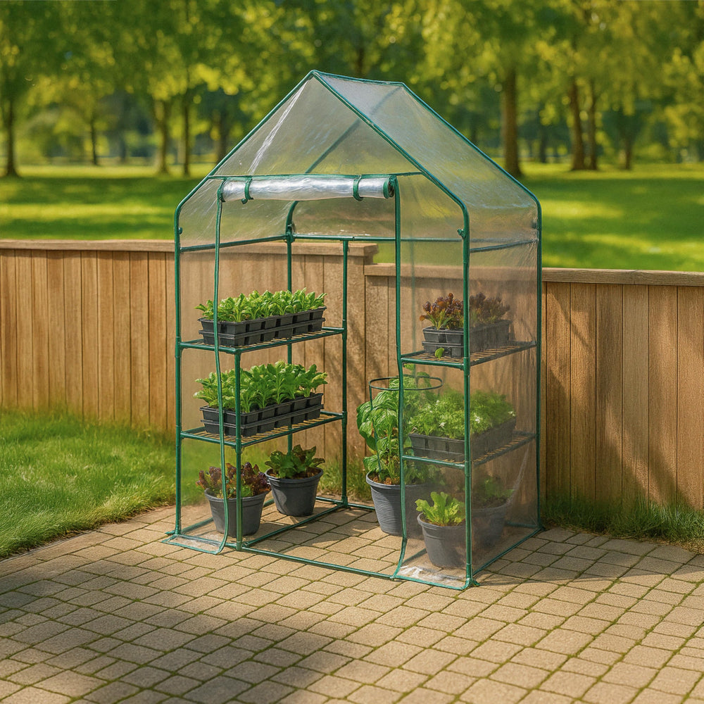 Miracle-Gro next to person showing size and walk-in access for easy plant care