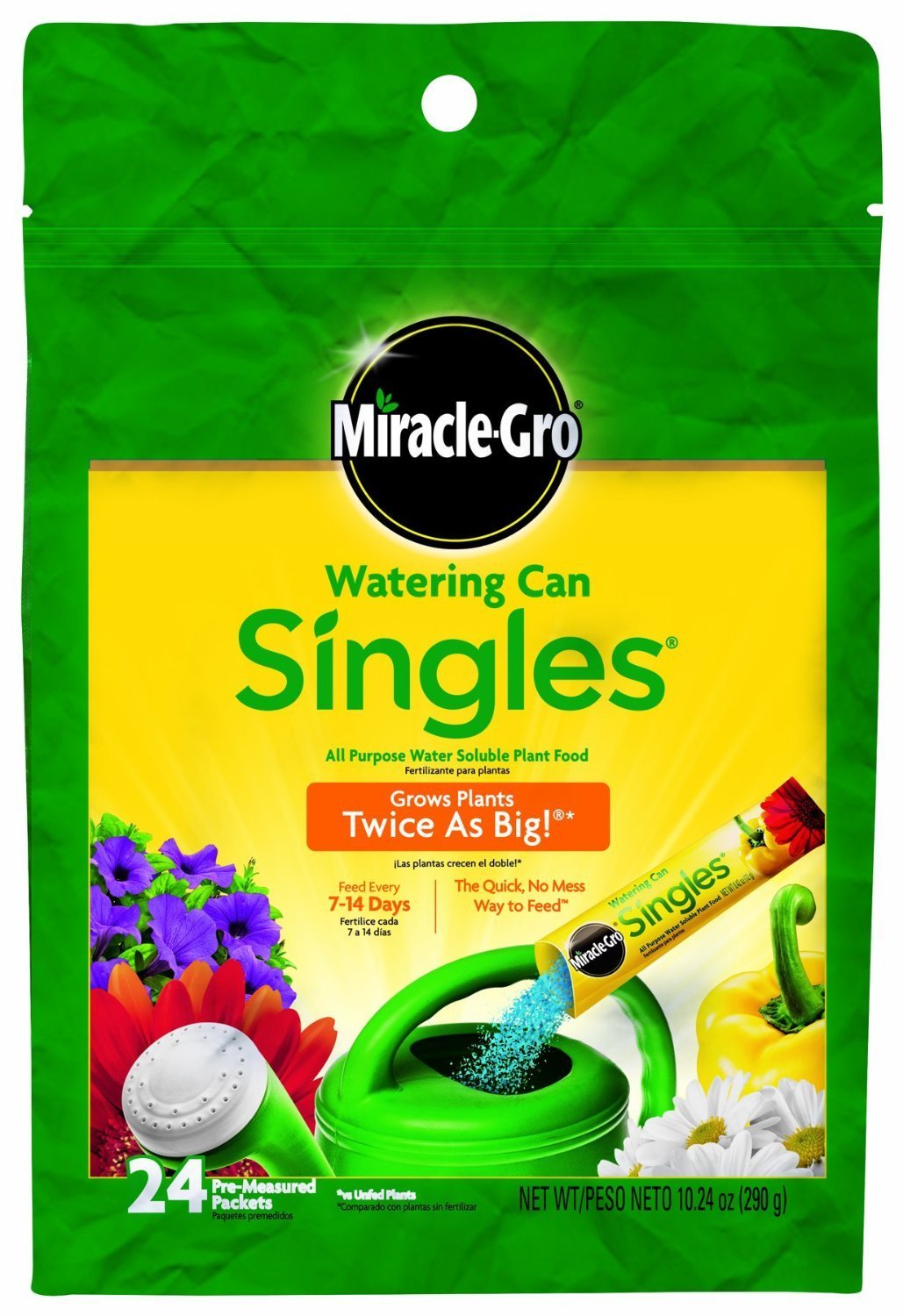 Miracle-Gro front packaging showing pre-measured packets for easy no-mess feeding