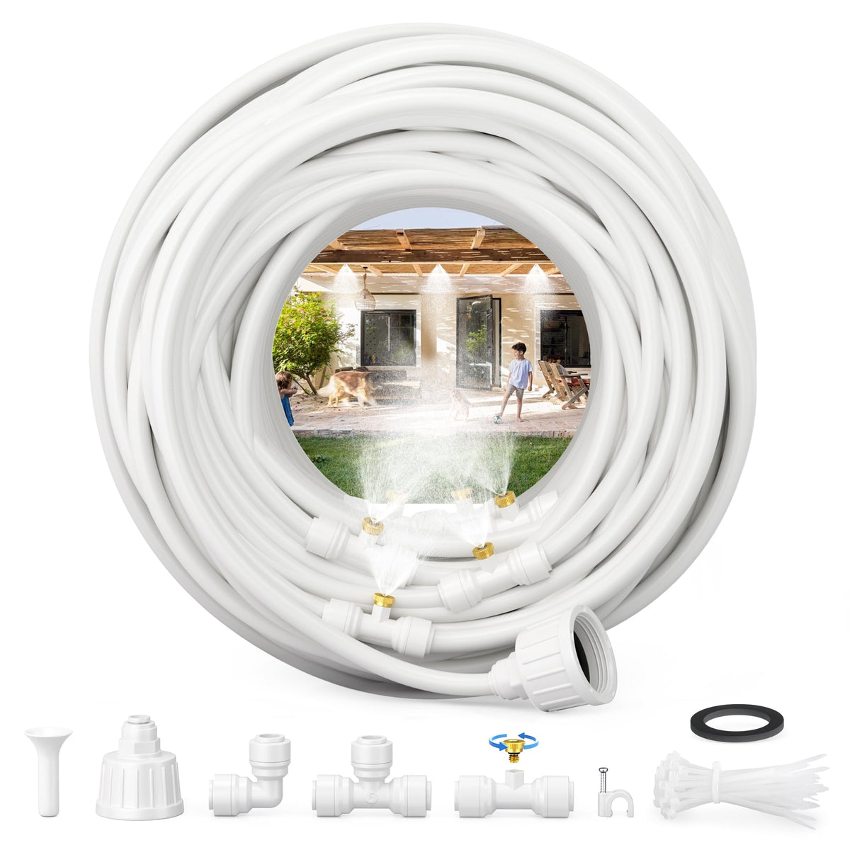 MISSIGO front view of white misting system kit showing all included parts and benefits