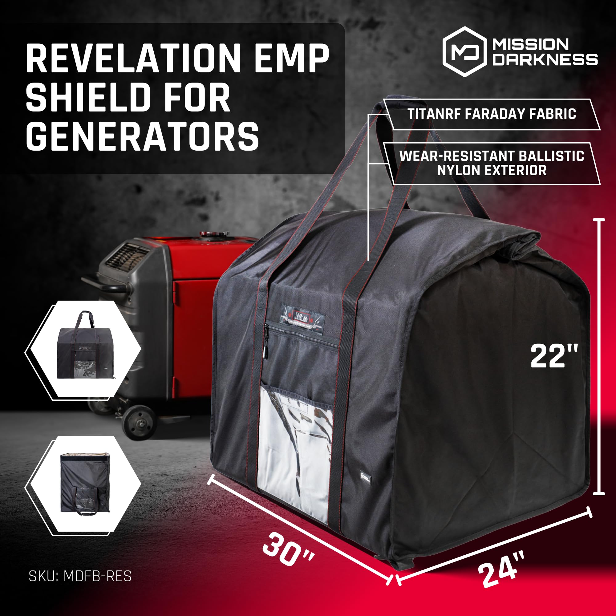 Mission Darkness bag open with a compact generator inside illustrating protective coverage benefit