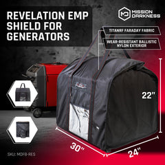Mission Darkness bag open with a compact generator inside illustrating protective coverage benefit
