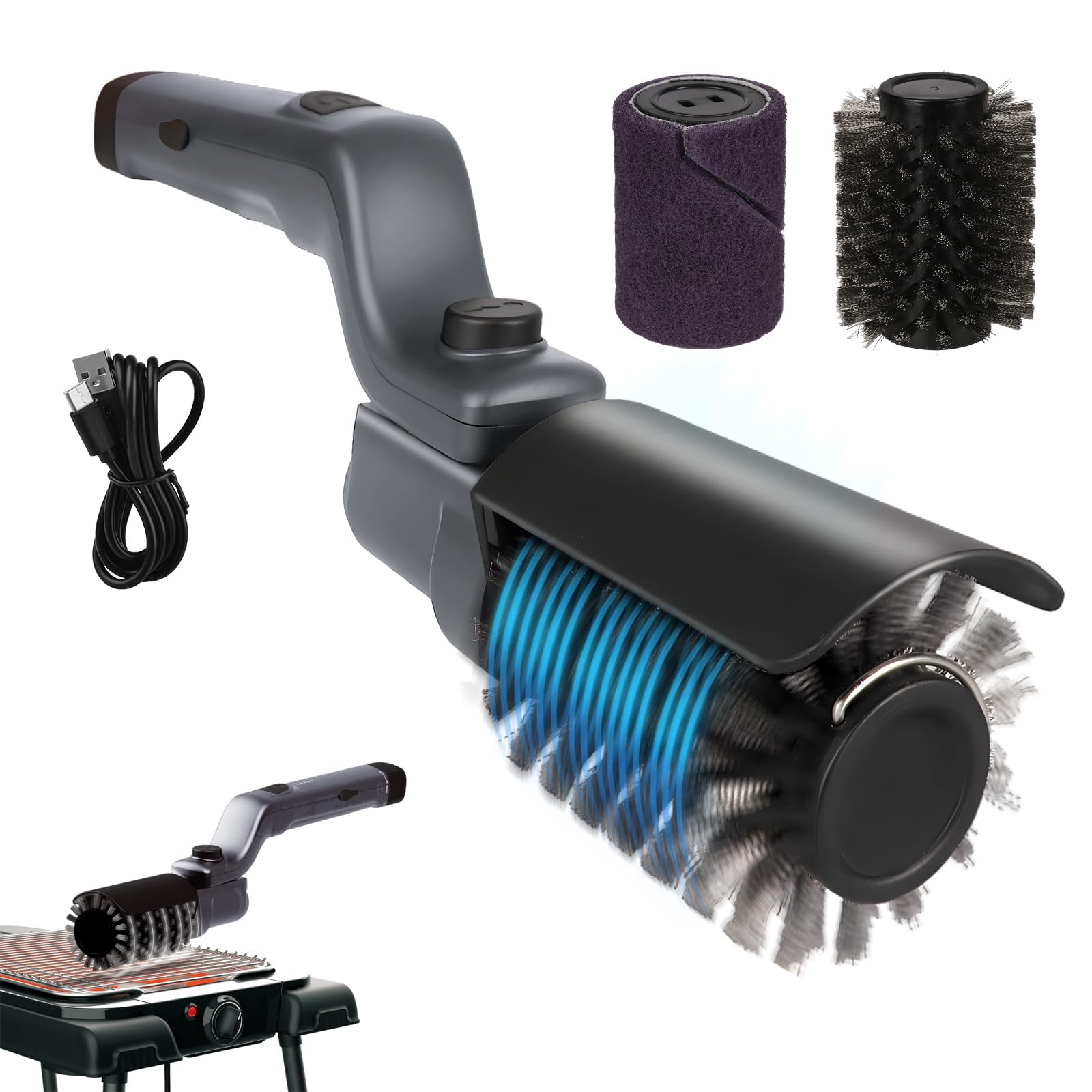 Mistcado front view of cordless grill brush showing ergonomic handle and compact design for easy cleaning