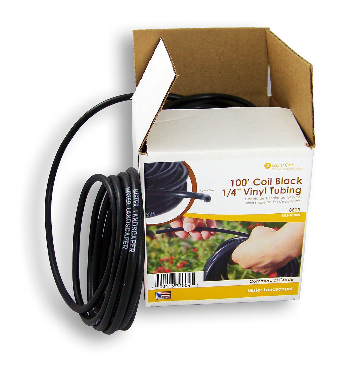 Mister Landscaper front view of 100-ft black vinyl tubing showing length and packaging benefit durability