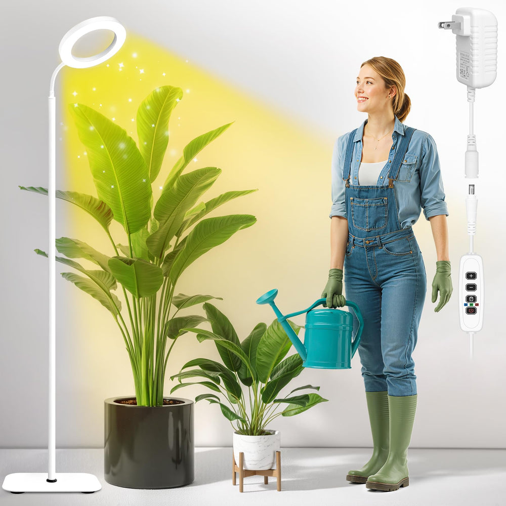 MistyJungle front view of grow light showing slim head and tall pole, clear placement benefit
