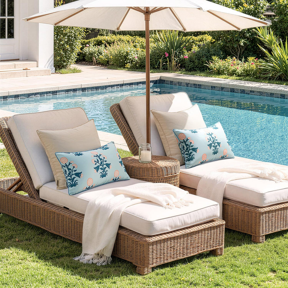 MIULEE pillows on bench beside ruler for 12x20 size and scale clarity