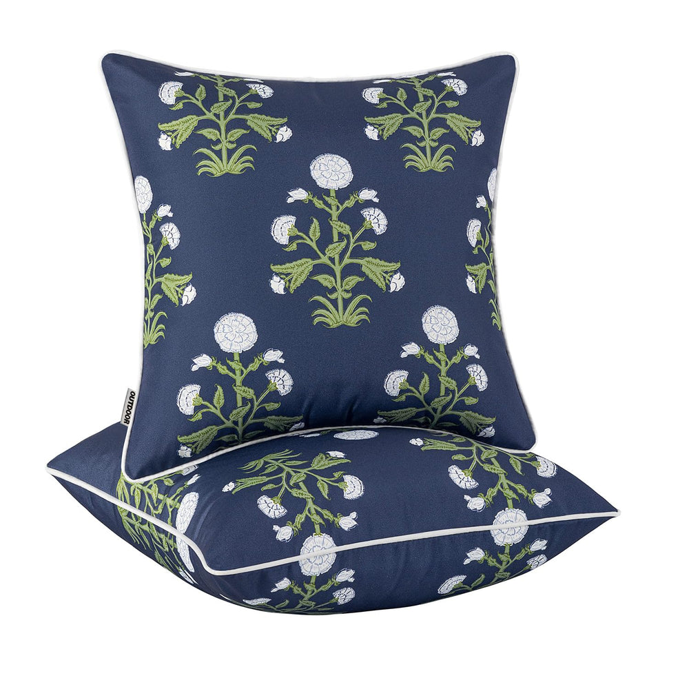 MIULEE front view navy blue floral pillow showing elegant design and weather-ready look