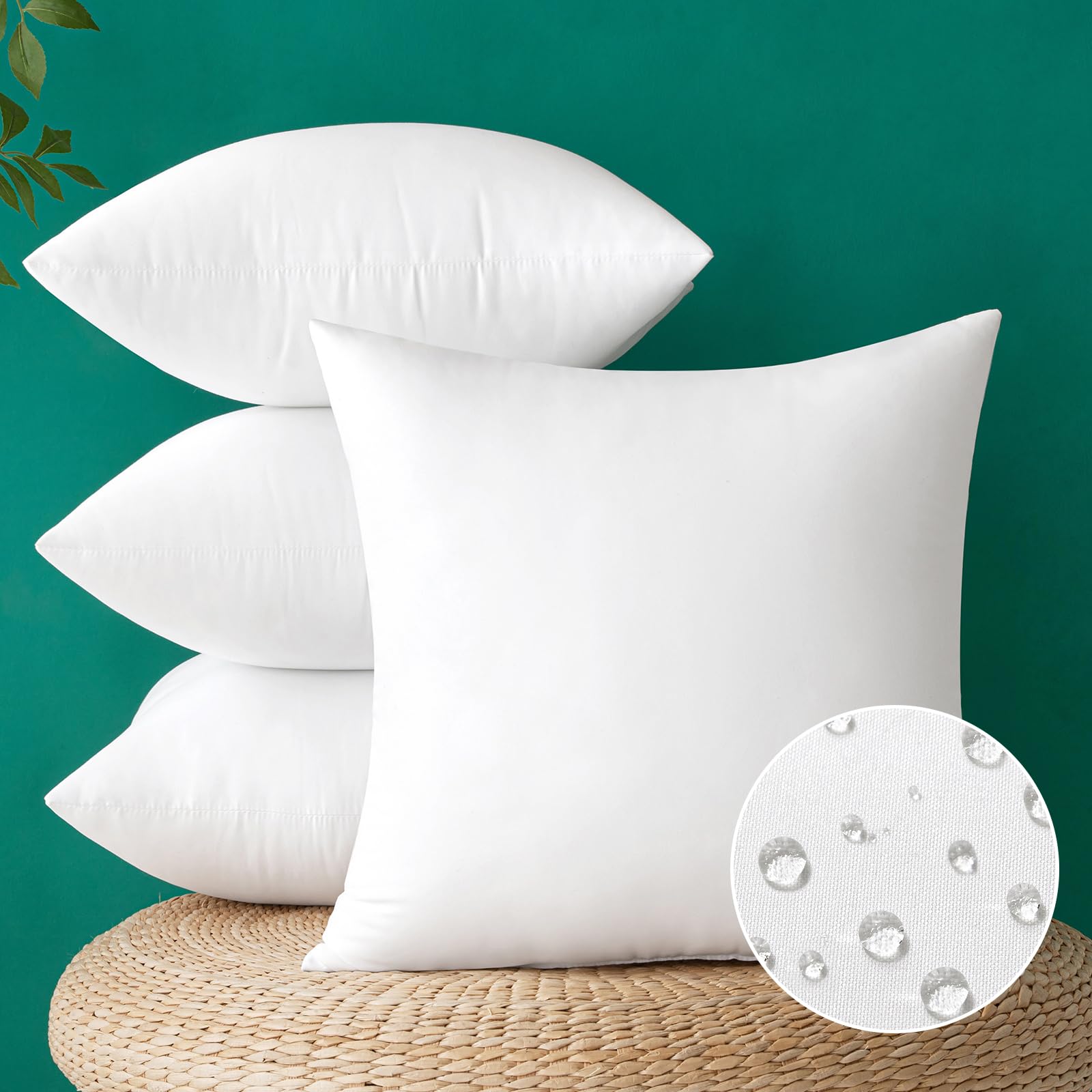 MIULEE front view of four 20x20 waterproof pillow inserts showing full plump look