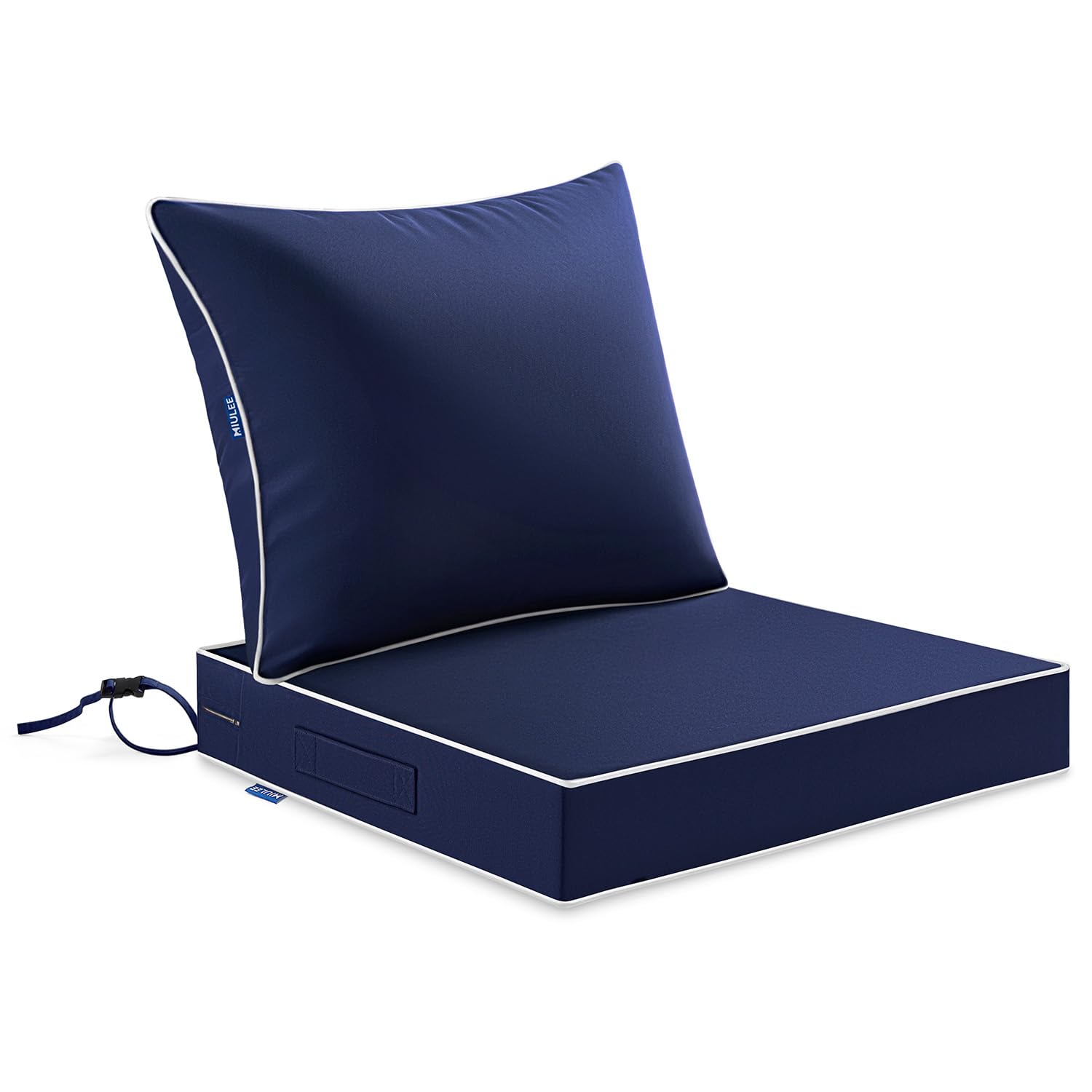MIULEE navy seat cushion front view showing compact, waterproof design benefit