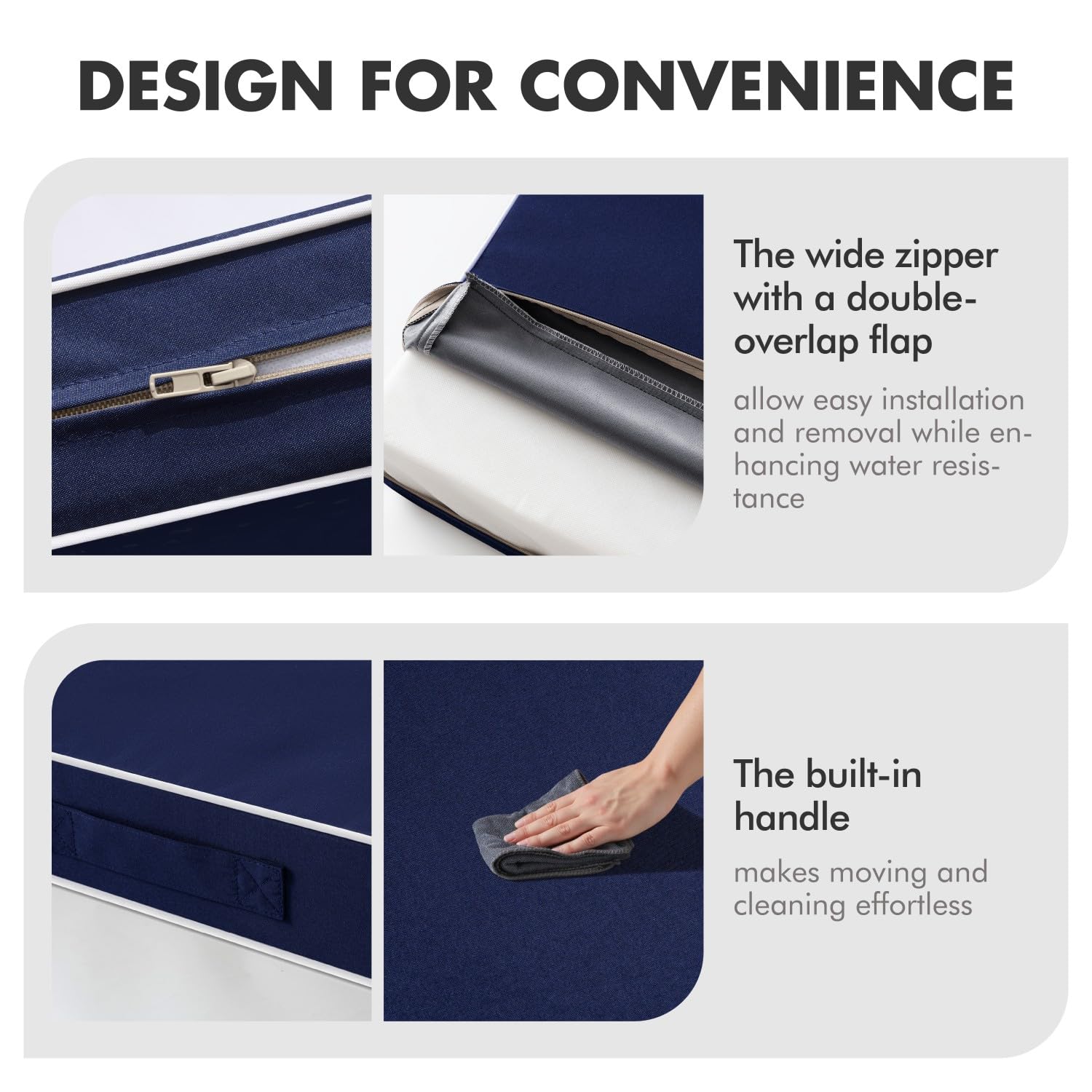 MIULEE navy cushion repelling water droplets to demonstrate waterproof protection