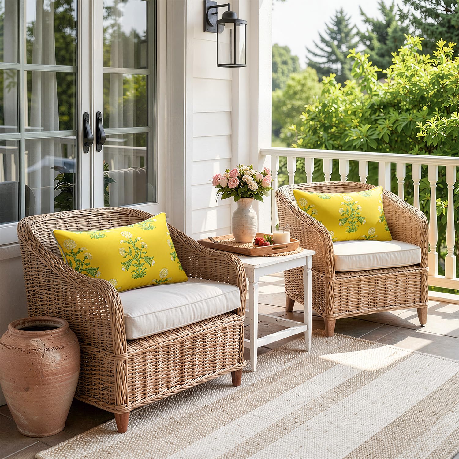 MIULEE styled on patio sofa showing weather-ready decor and inviting outdoor seating