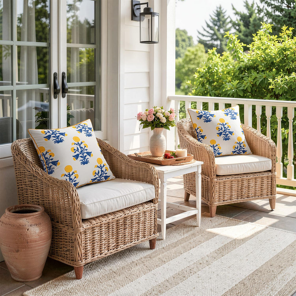 MIULEE pillows styled on a patio sofa adding coastal color and comfort