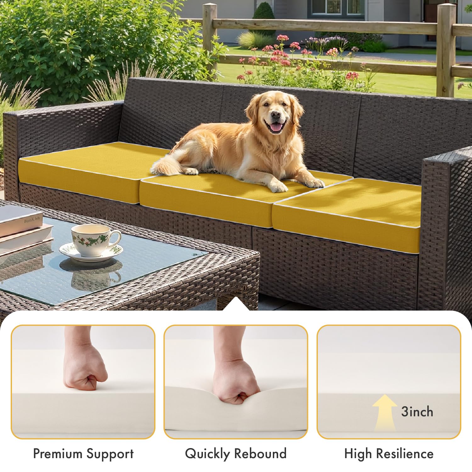 MIULEE yellow cushion placed on wicker chair showing comfortable outdoor seating setup
