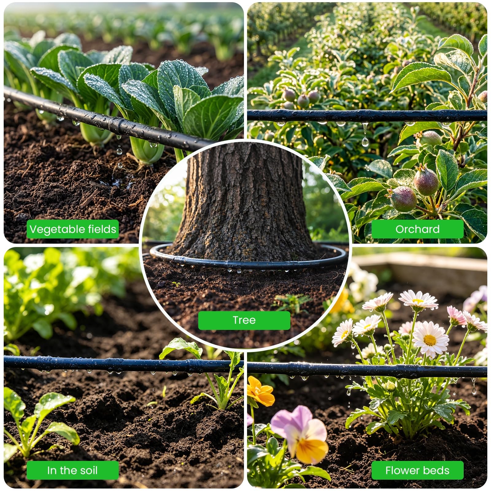 MIXC dripline laid across raised bed delivering water to plant roots, water-saving benefit