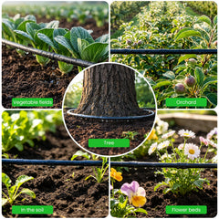 MIXC dripline laid across raised bed delivering water to plant roots, water-saving benefit
