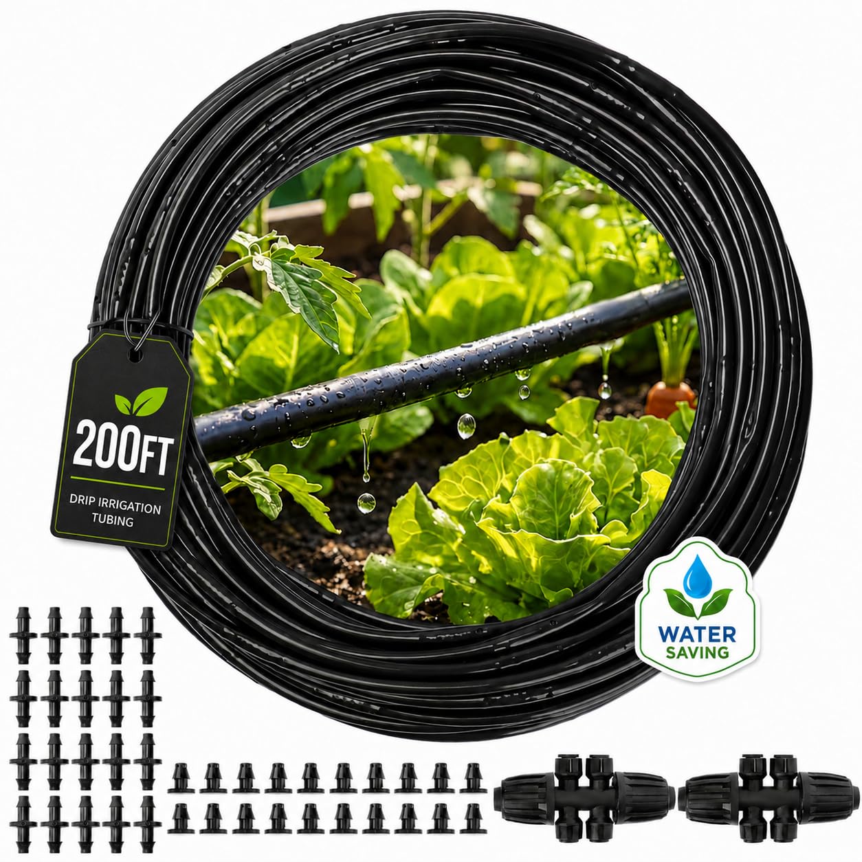 MIXC dripline roll front view showing 200 ft tubing and label, easy setup benefit