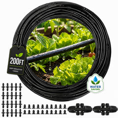 MIXC dripline roll front view showing 200 ft tubing and label, easy setup benefit