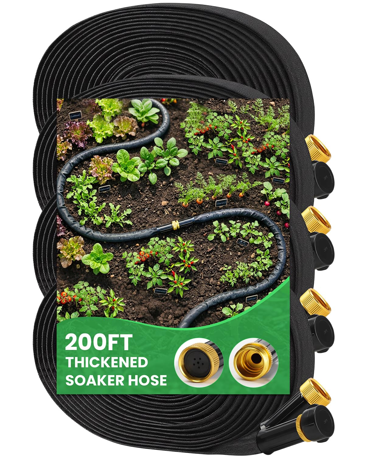 MIXC front view of 200ft soaker hose showing heavy-duty profile and length