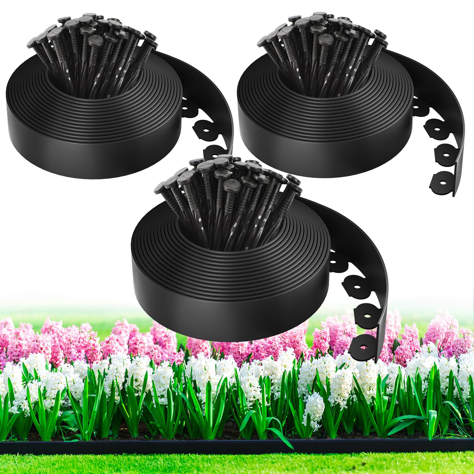 MIXC front view of complete 100ft edging kit showing rolls and spikes for fast setup