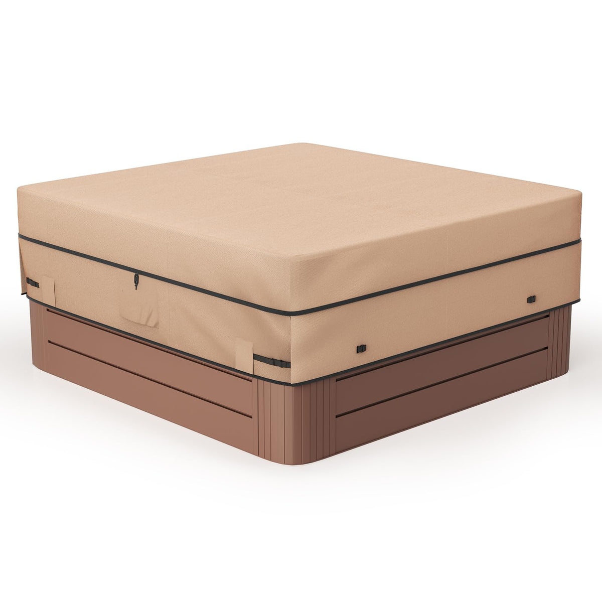 MIXC front view showing full 85x85 cover protecting spa from rain and debris