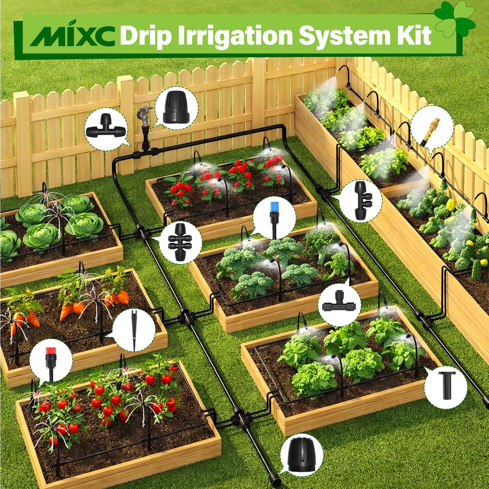 MIXC pot and greenhouse setup showing compact coverage and efficient water delivery
