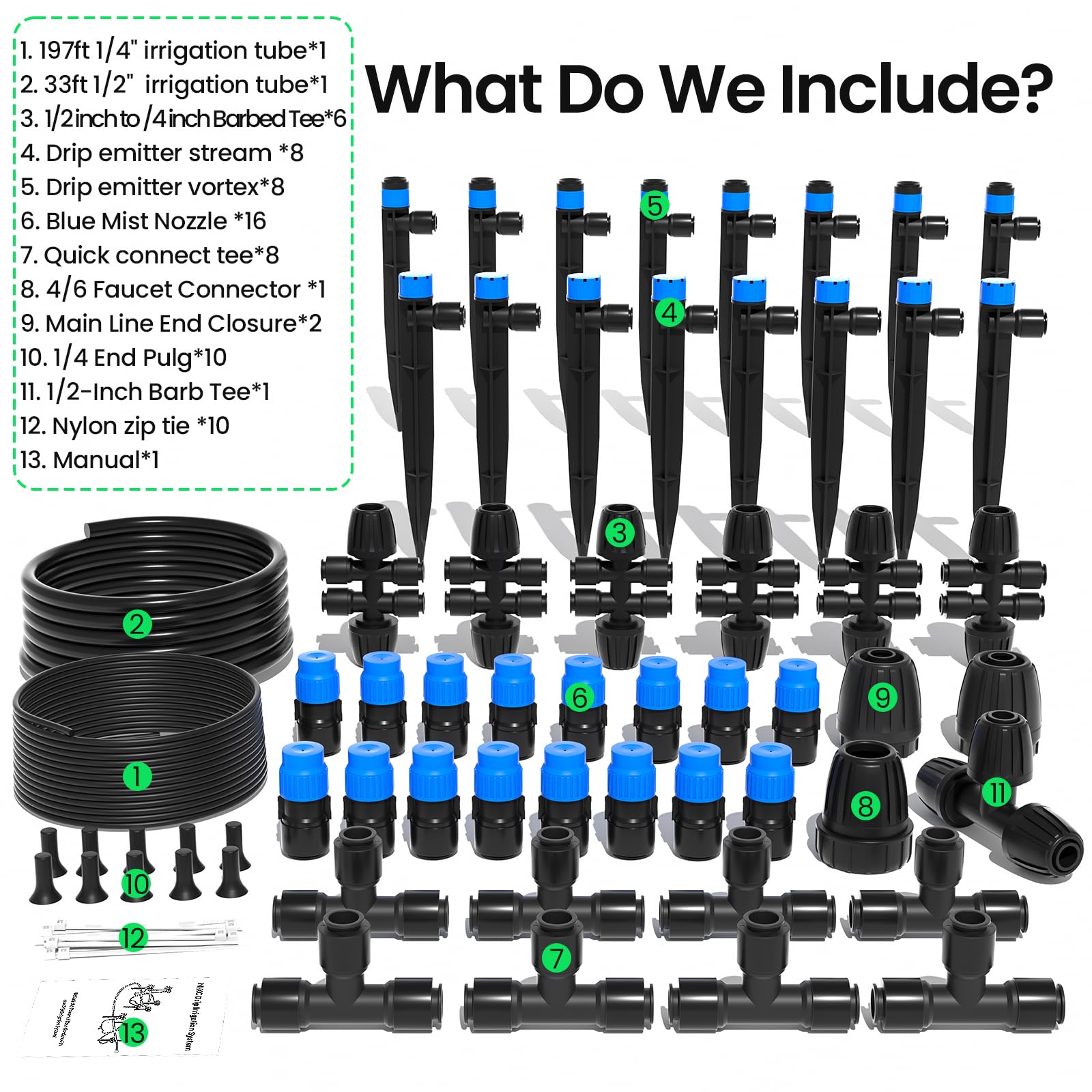 MIXC tubing and fittings next to garden tools for size reference