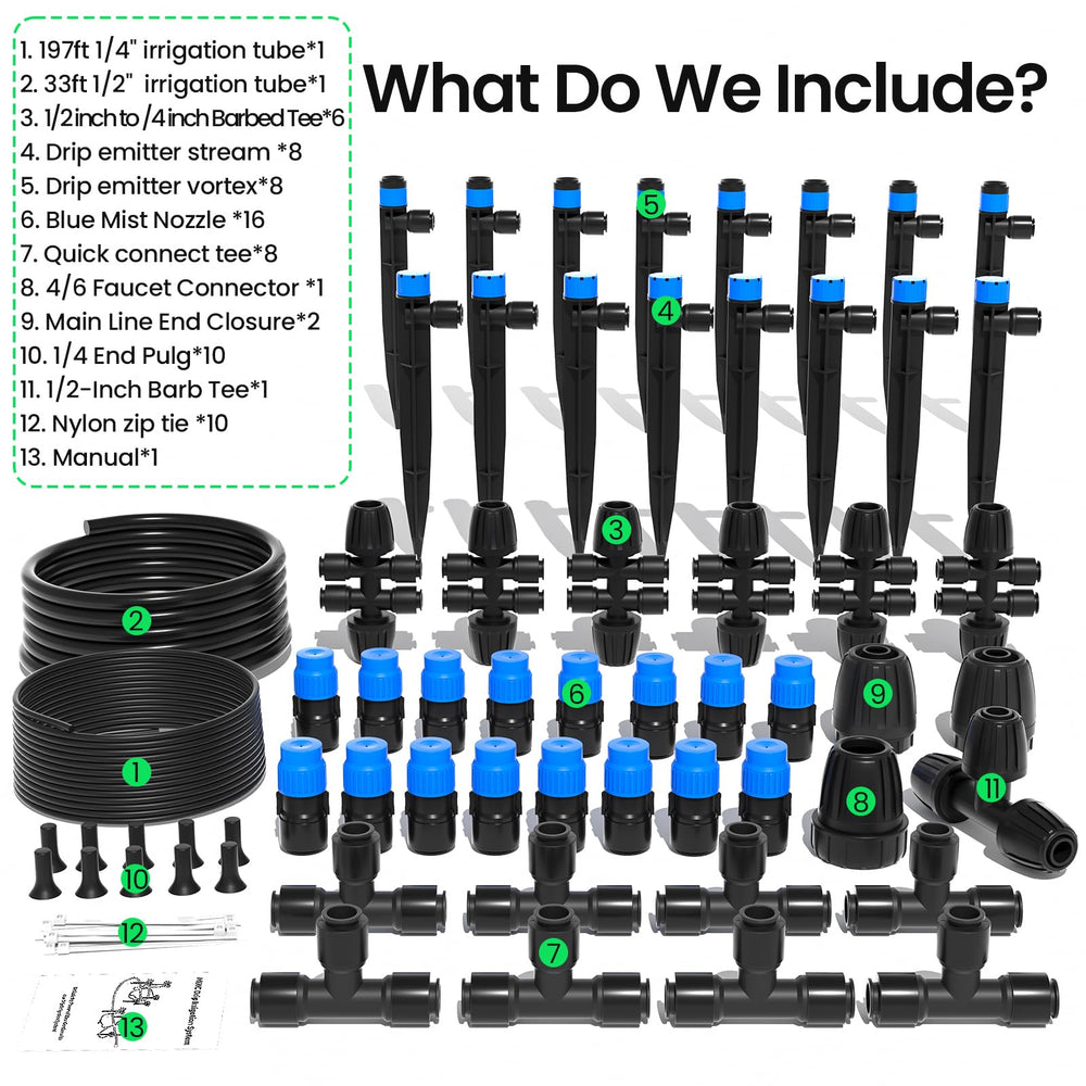 MIXC tubing and fittings next to garden tools for size reference