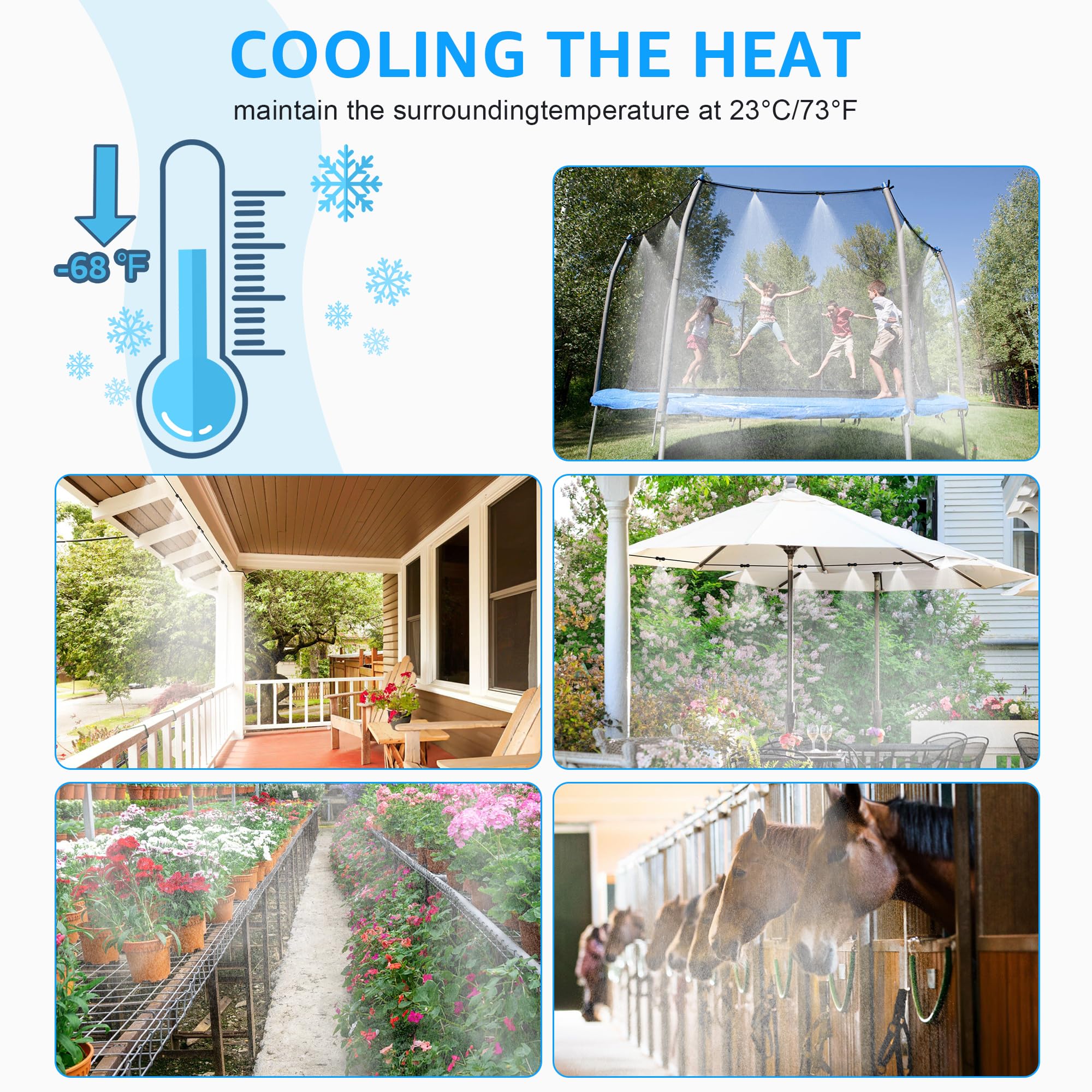 MIXC misting line next to garden hose for scale and easy-hose hookup benefit