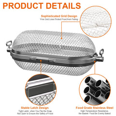 MixRBBQ basket mounted on rotisserie spit demonstrating hands-free even cooking
