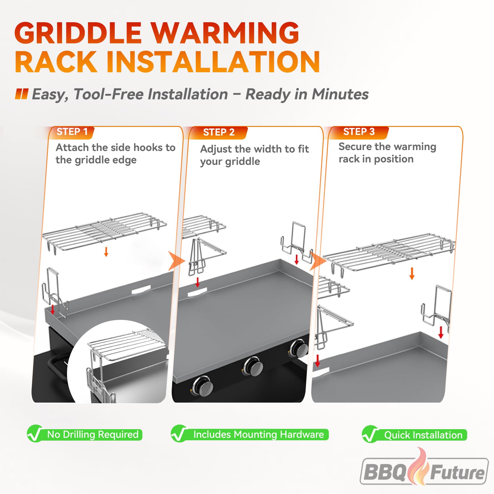 MixRBBQ rack holding burgers and buns to keep food warm without overcooking