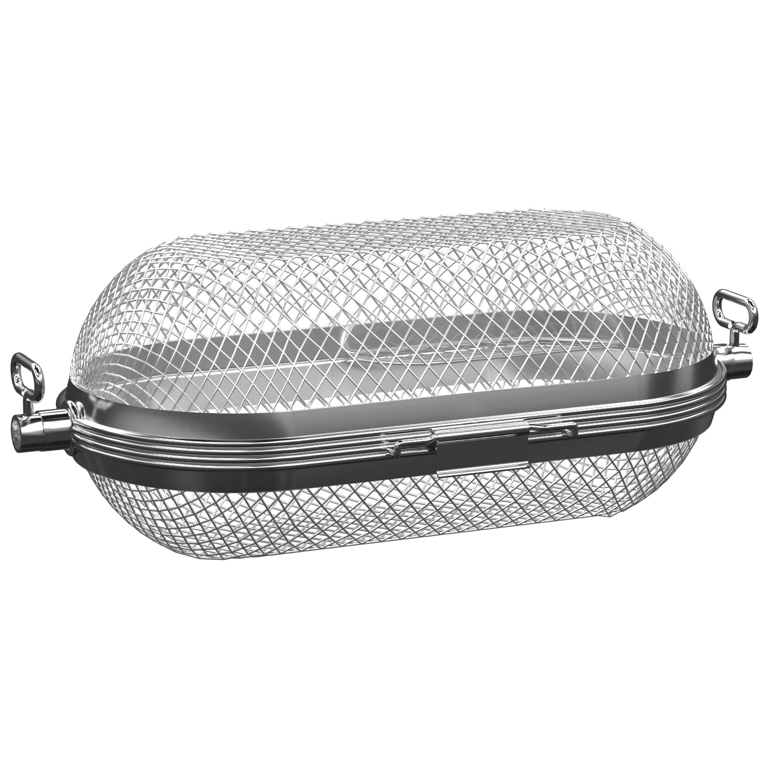MixRBBQ rotisserie basket front view showing durable finish and universal fit benefits