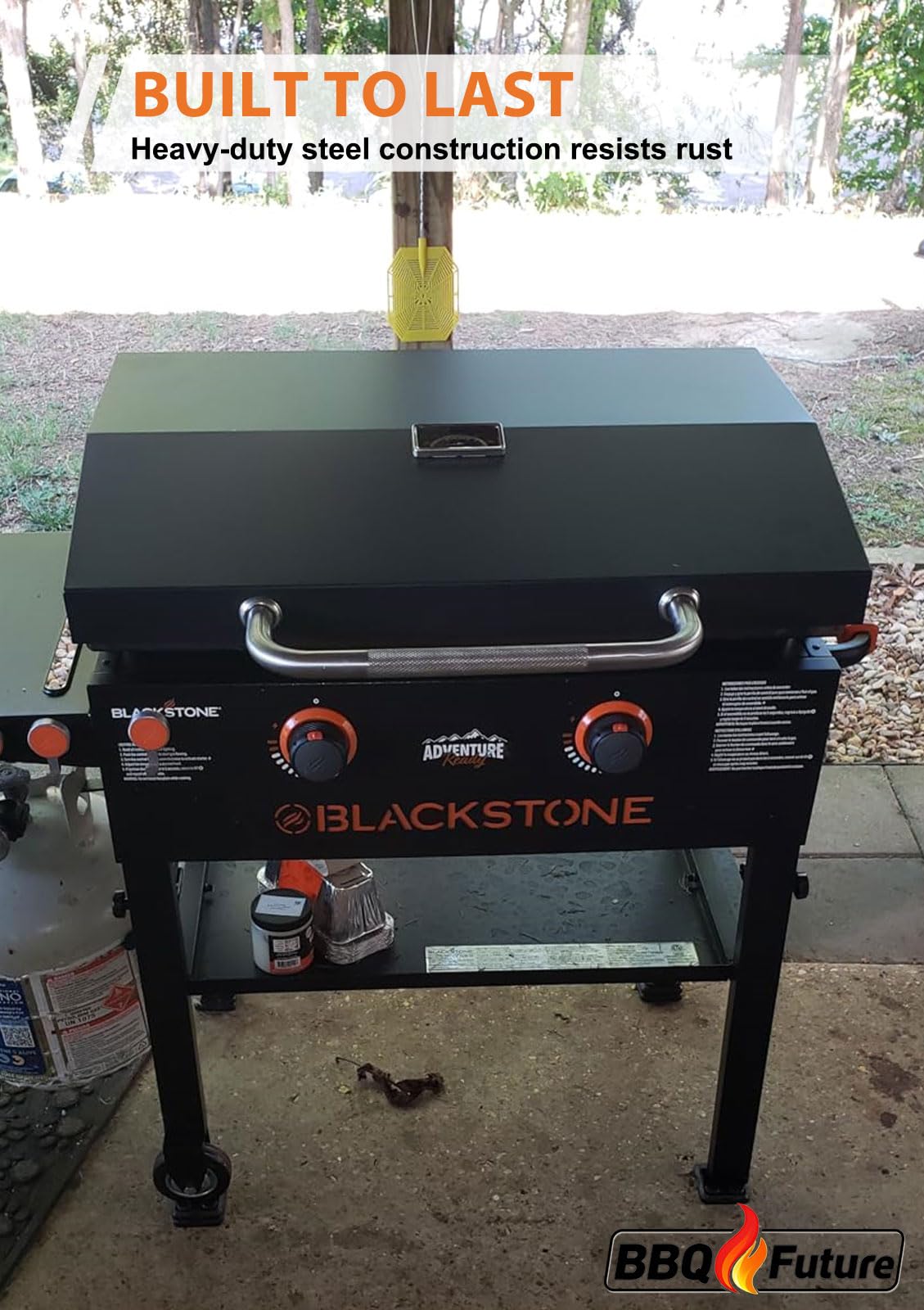 MixRBBQ side profile with lid open showing hands-free operation benefit
