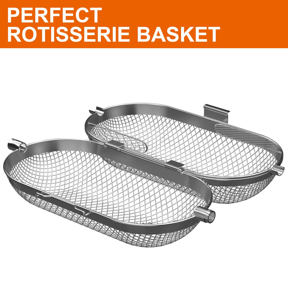 MixRBBQ rotisserie basket next to hand to show size and easy handling benefit