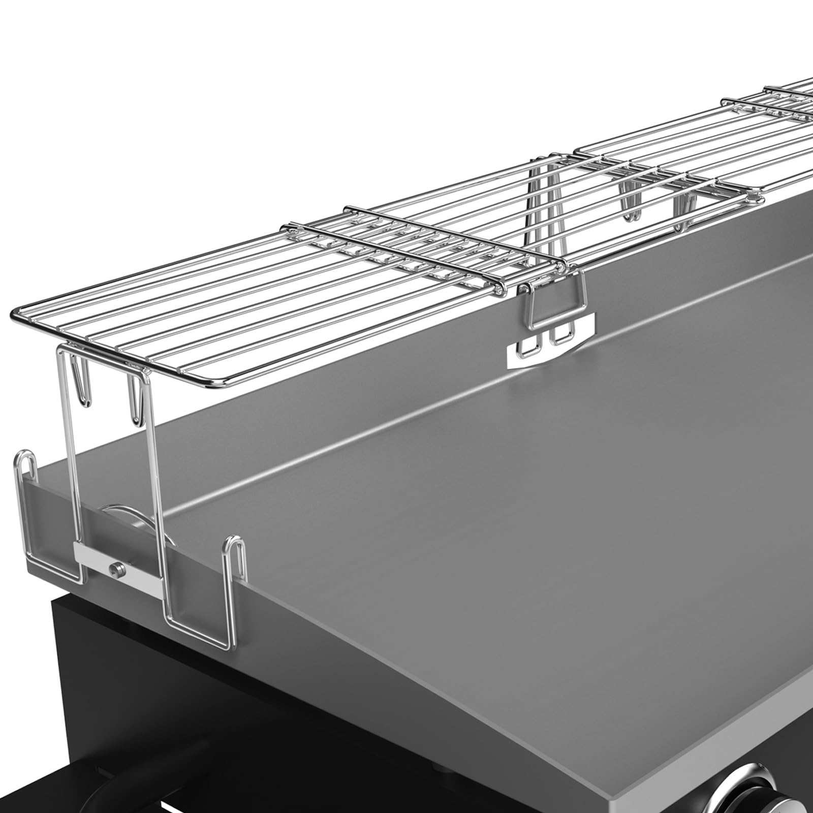 MixRBBQ warming rack front view shows sturdy stainless-steel shelf and even warming