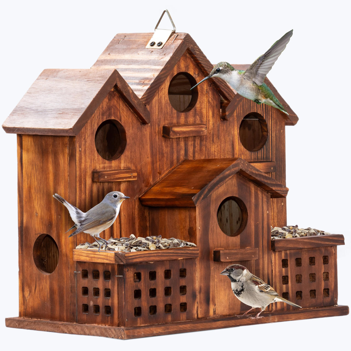 MIXUMON front view showing six-room layout and dual feeders to attract birds