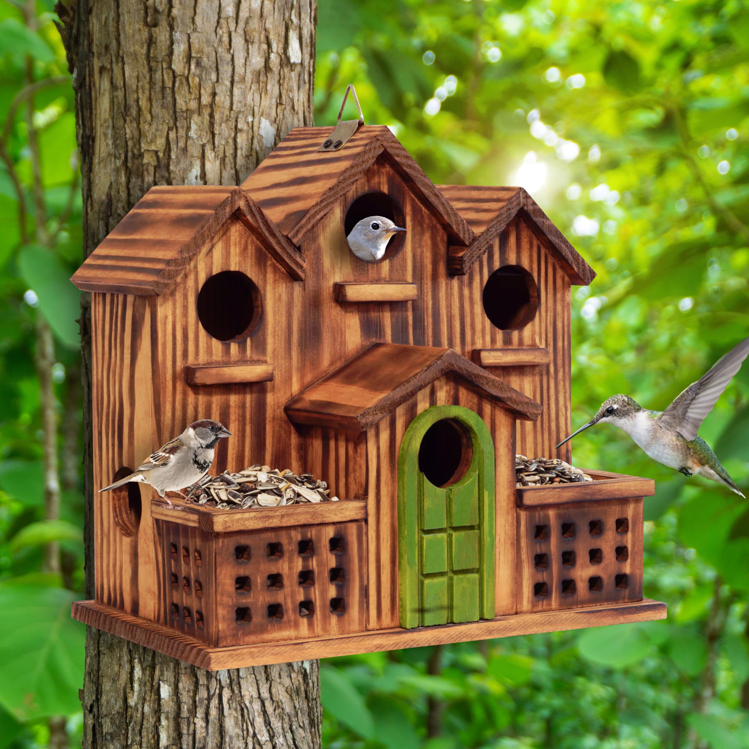 MIXUMON mounted on pole in backyard attracting birds and blending into landscape