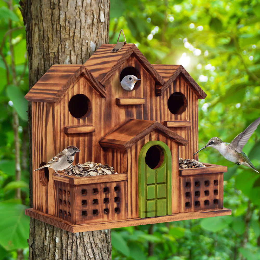 MIXUMON mounted on pole in backyard attracting birds and blending into landscape