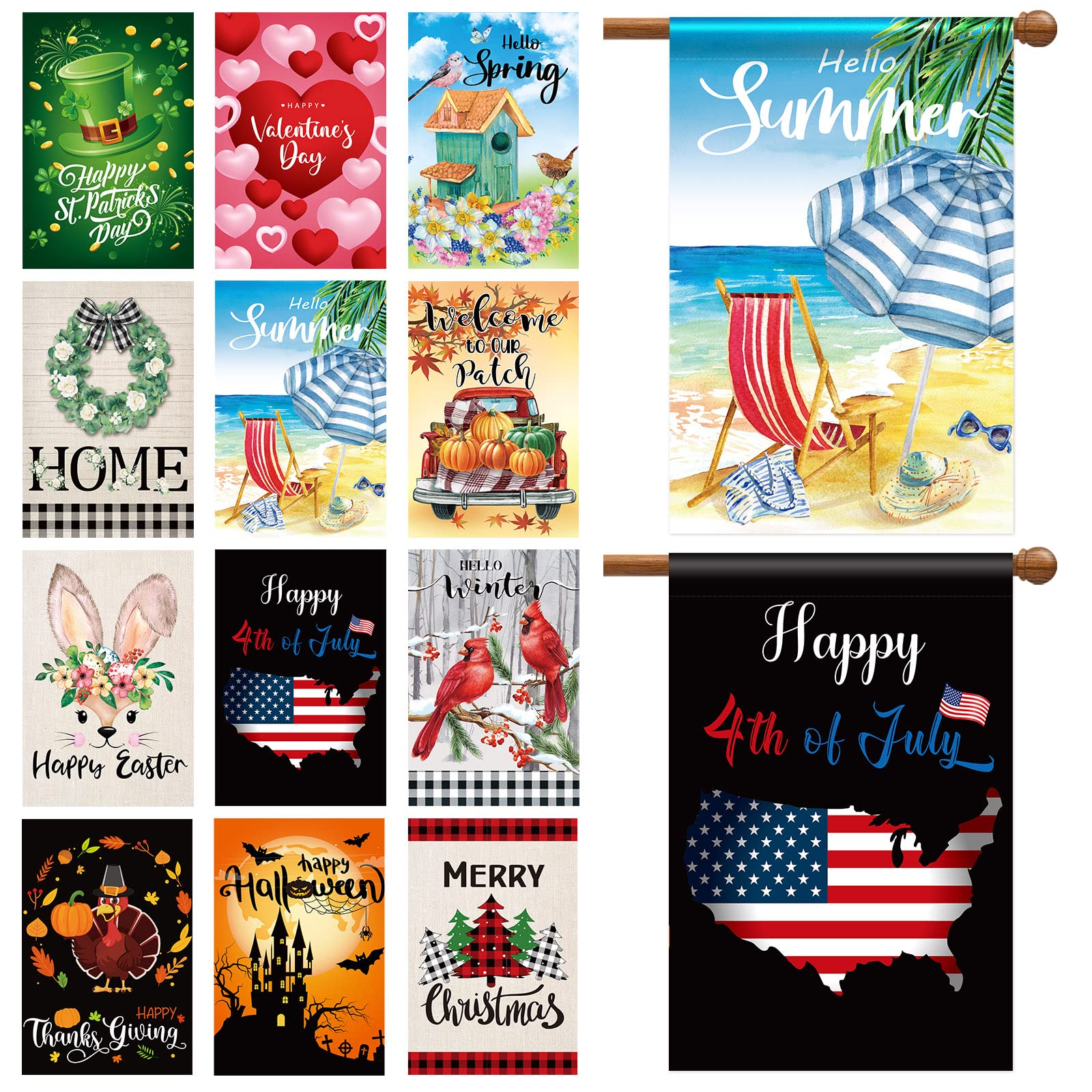 Mixweer front-facing seasonal flag set showing all twelve designs and curb appeal