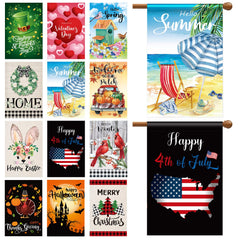 Mixweer front-facing seasonal flag set showing all twelve designs and curb appeal