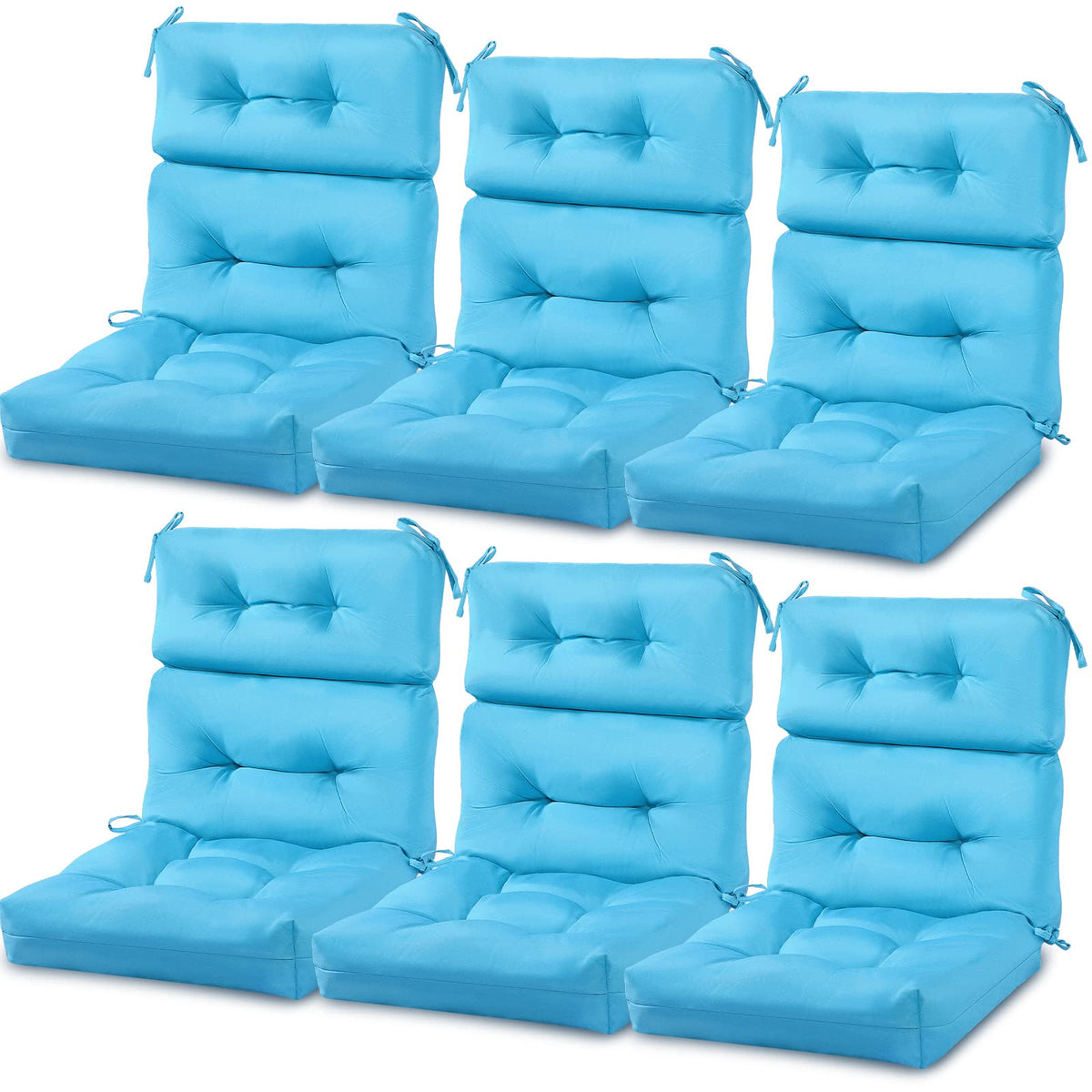 Mixweer front view of six sky blue high-back cushions showing coordinated set and comfort