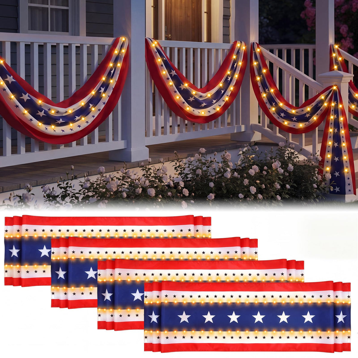 Mixweer front view of full flag bunting displaying bright patriotic appeal