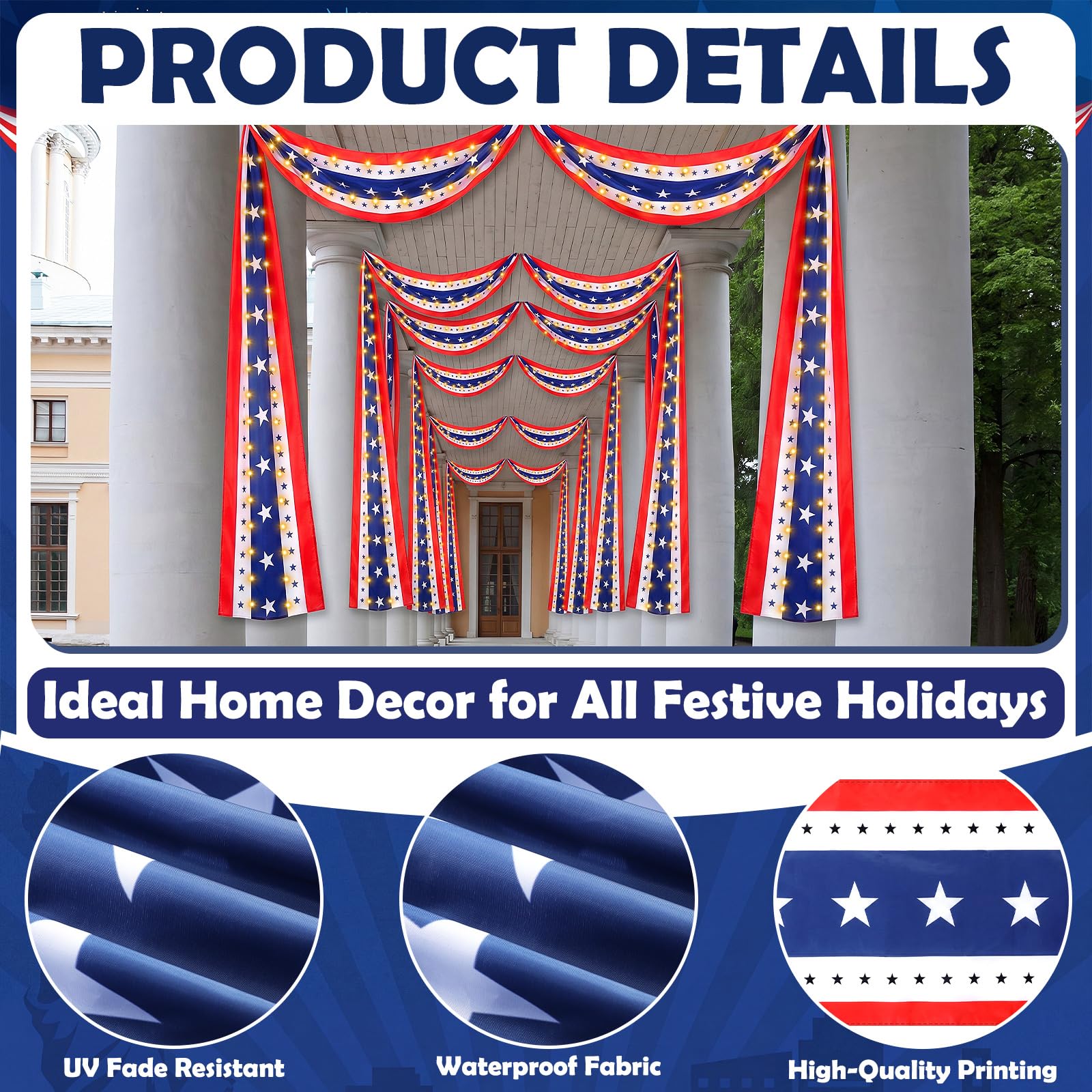 Mixweer bunting hung on porch creating instant patriotic curb appeal
